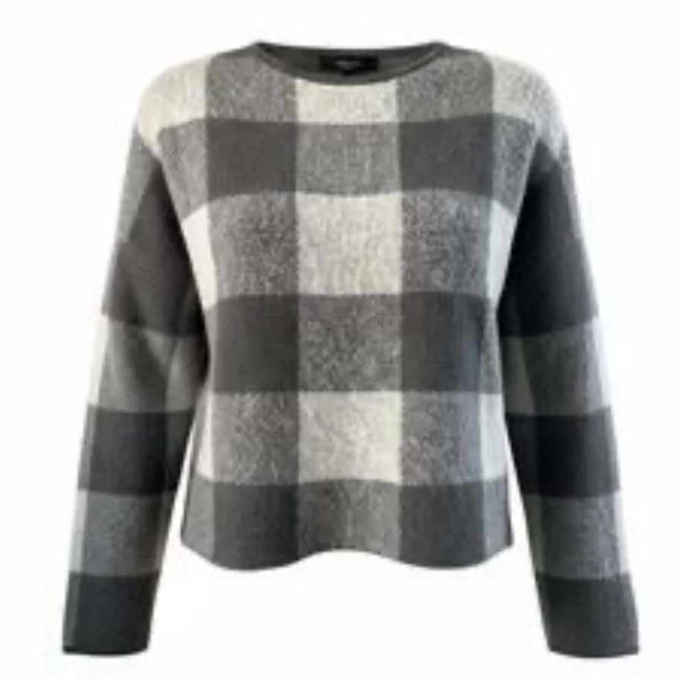MaxMara Weekend Plaid Crew Neck Sweater Gray Cream Alpaca Wool M Buffalo Check
